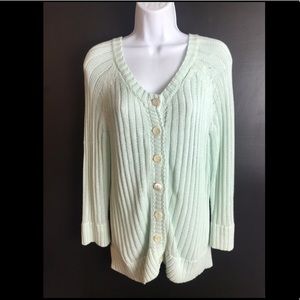 SUNDANCE Catalog Cardigan Sweater Ribbed Knit Blue Green Linen Cotton